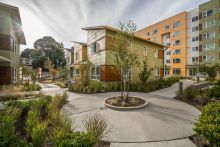 Midrise multifamily housing development with ample greenery and a circular walkway