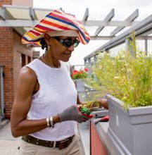 A woman holds an item in front of a planter