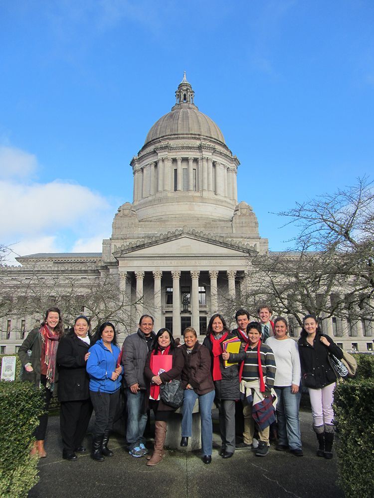 Students in front of state house building