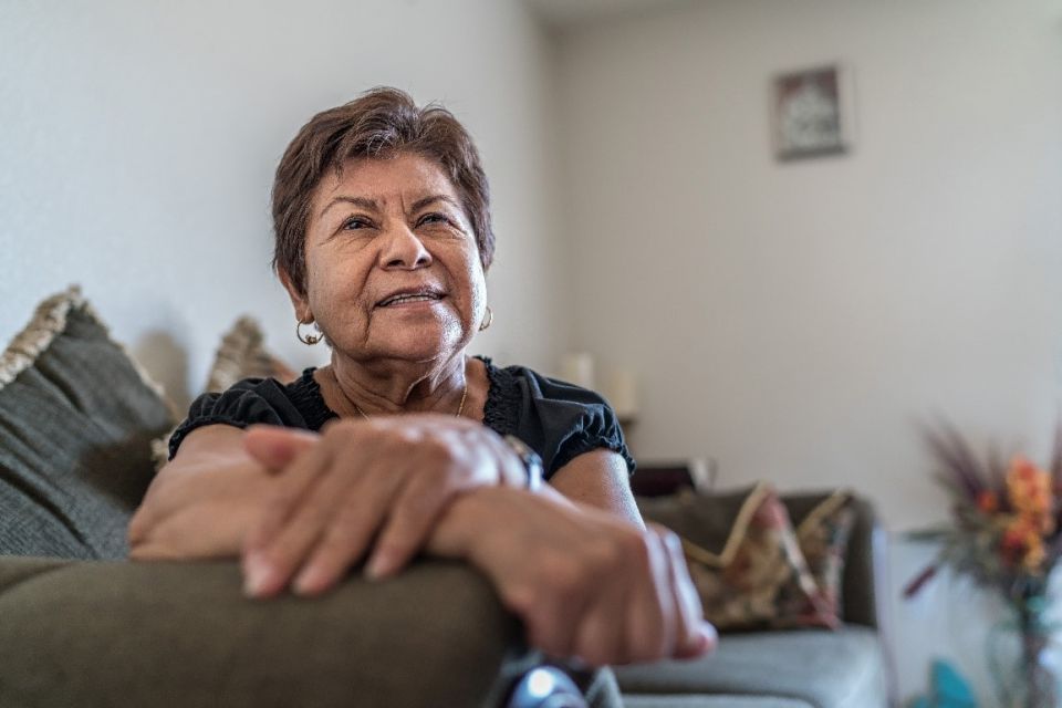 A woman sitting on a couch