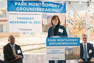 Christine Madigan, President (interim), Community Development Division, EVP & Chief Business Officer, Community Development Division, speaks at the Park Montgomery Groundbreaking Ceremony