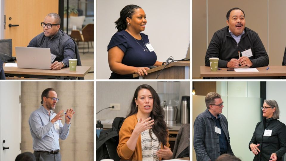 Collage of six different photos of people sitting at a desk or speaking to others