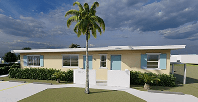 Home after renovation painted yellow with blue shutters and a palm tree in front