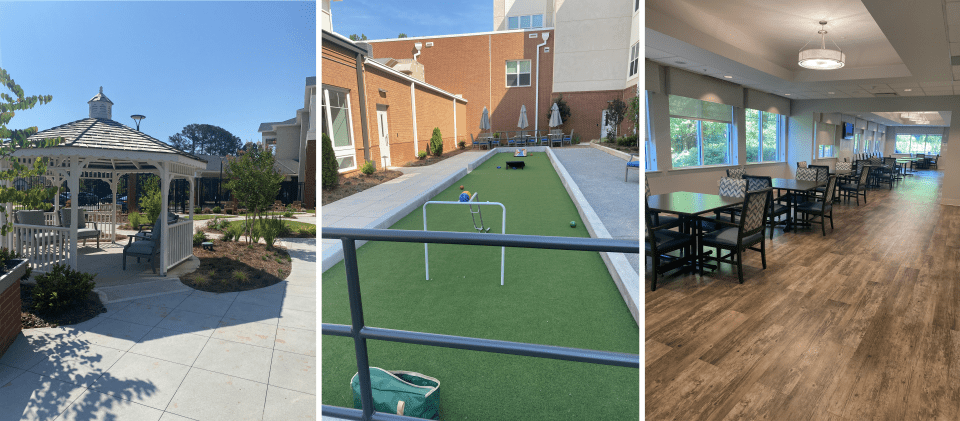 Three photos showcasing a gazebo, a bocce ball court, and a shared dining area