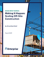 Issue Brief Series: Making It Happen: Scaling Off-Site Construction text with a crane lifting a structure in the background