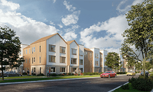 Rendering of Pleasant Grove Apartments along a neighborhood block with trees and cars