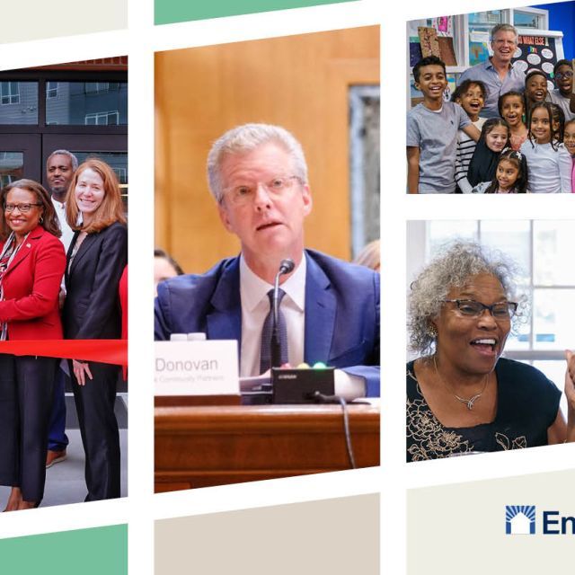 Collage of images showing people at a ribbon cutting, testifying, and interacting