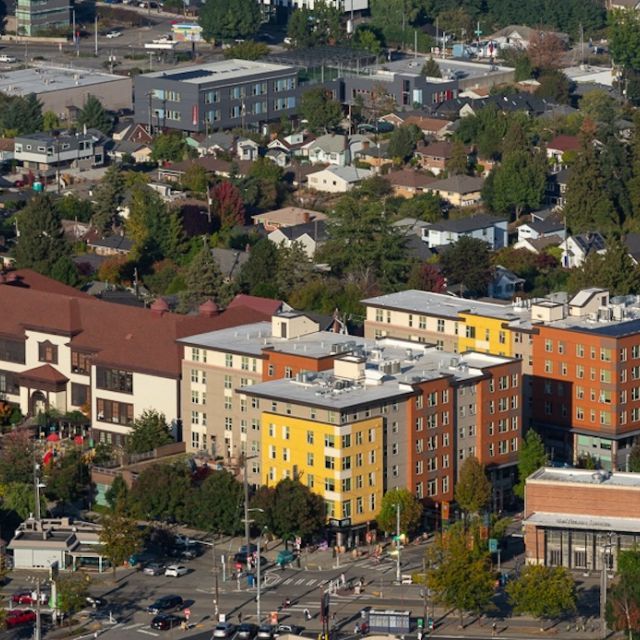 Brightly colored apartments in center of Seattle neighborhood