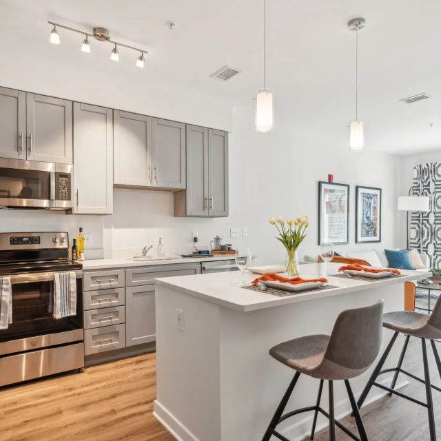 A kitchen and living area in one of the apartments at the Legacy at Twin Rivers