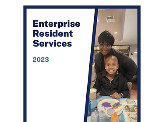 Enterprise Resident Services 2023 and a woman standing behind a child who is seated at a table